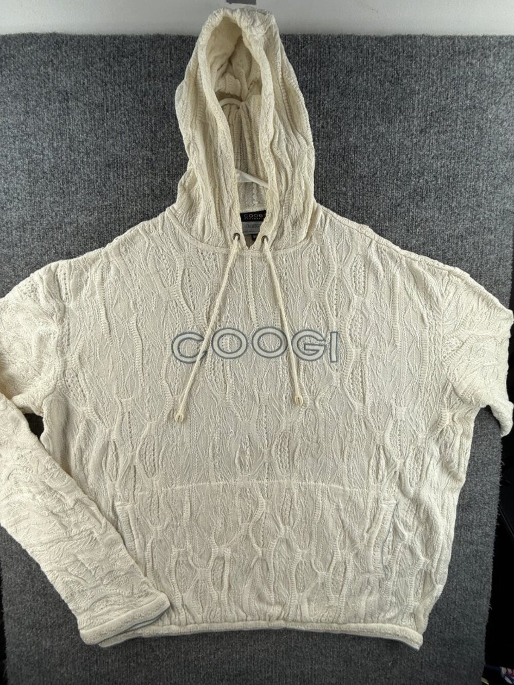 Coogi Australia Hooded Sweater Cable Knit Mens Cotton 3XL Pullover Logo Ivory